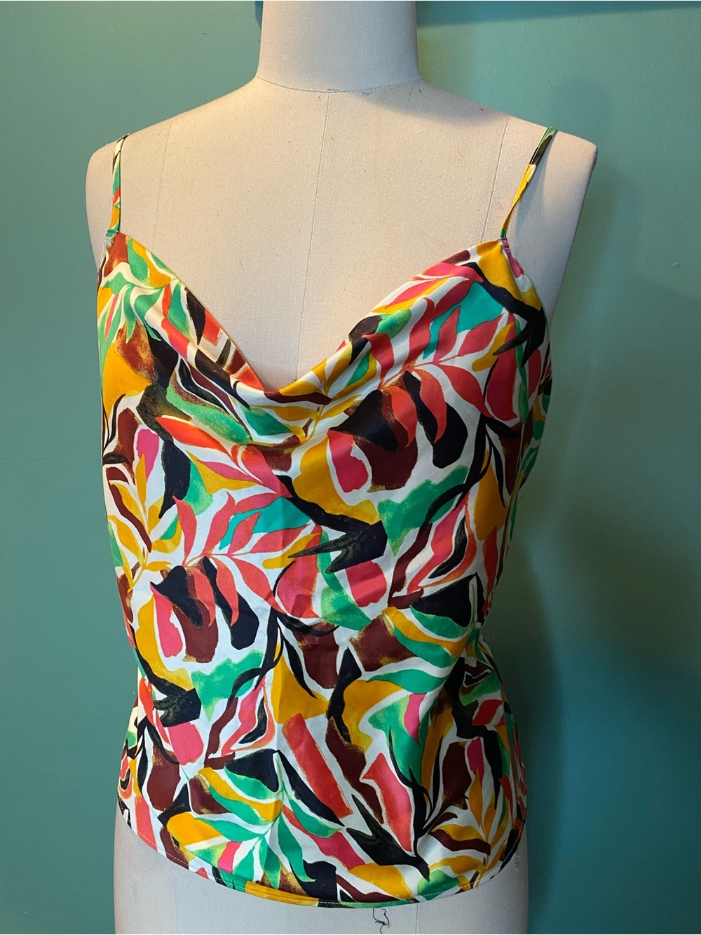 Nine West Multicolor Leaf-Print Strapless Cowl Top - Yellow, Green, Pink, Black